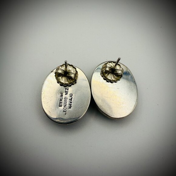 Leonard Nez Navajo #8 Turquoise Overlay Earrings, 1" (15g) – Signed - Picture 4 of 4